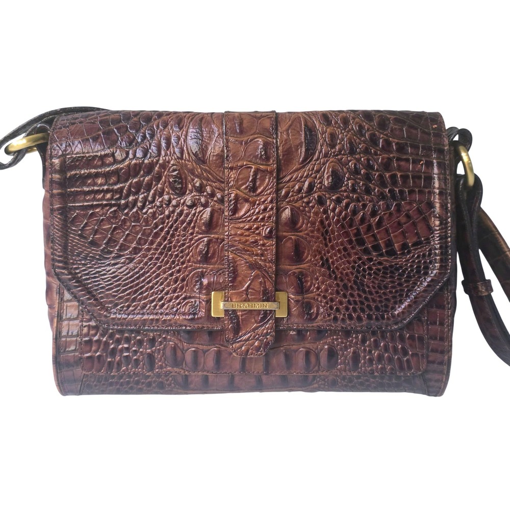 Brahmin Brown Crocodile Embossed Leather Flap Shoulder Bag Gold Logo Hardware - Picture 4 of 14